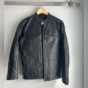 Black Men’s Leather Jacket Banded Collar